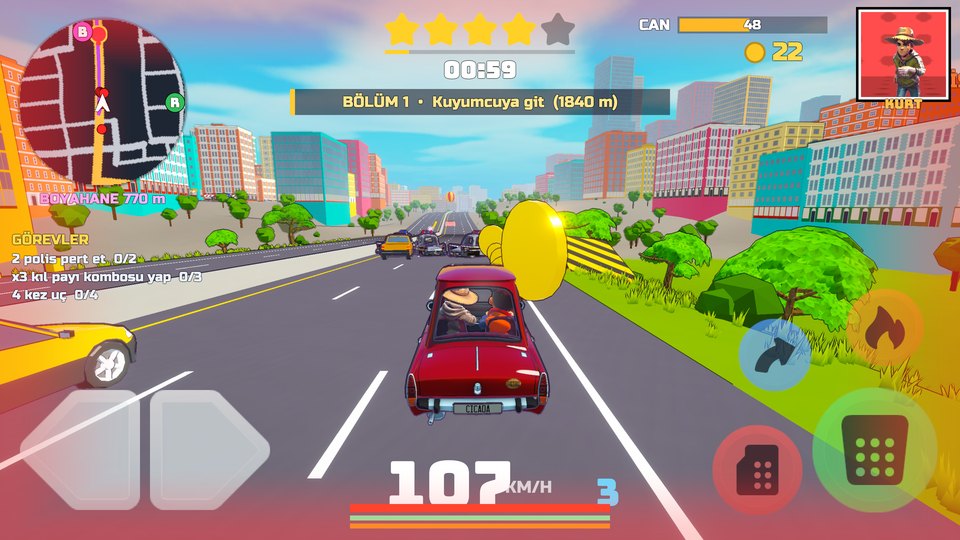 Getaway Rush: the heist crew in the car, a police roadblock ahead