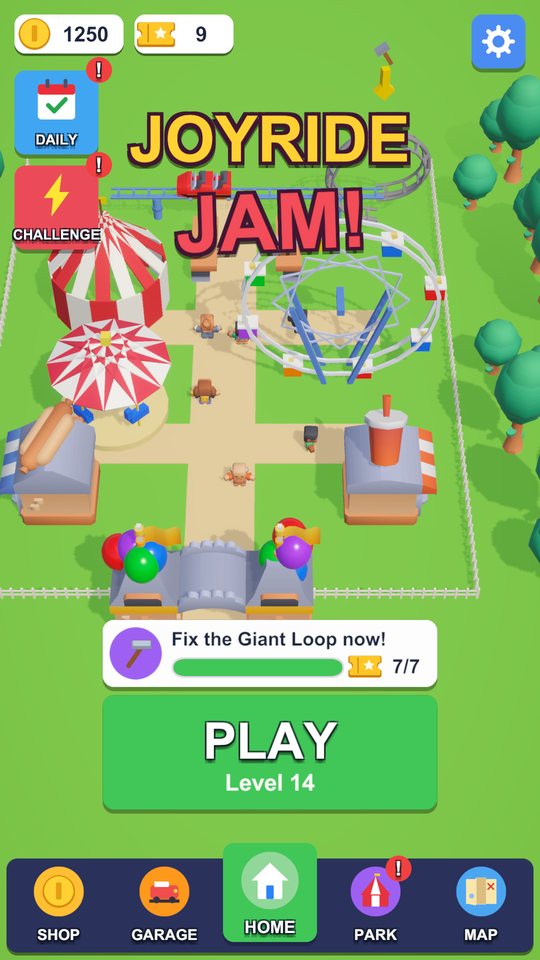Joyride Jam: the home screen in front of the restored park
