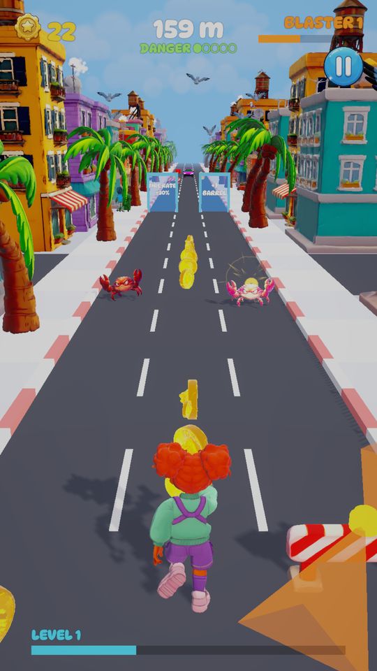 Octo Blast Run: the hero running down a town street with crabs ahead