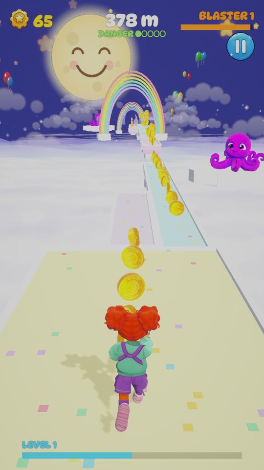 Octo Blast Run: the sky run above the clouds with a smiling moon and octopuses