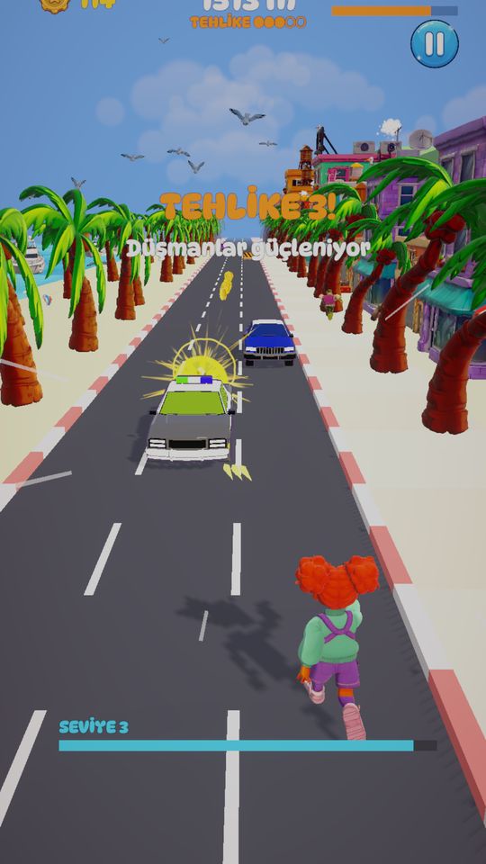 Octo Blast Run: şehir yolunda koşan kahraman ve önünde düşmanlar