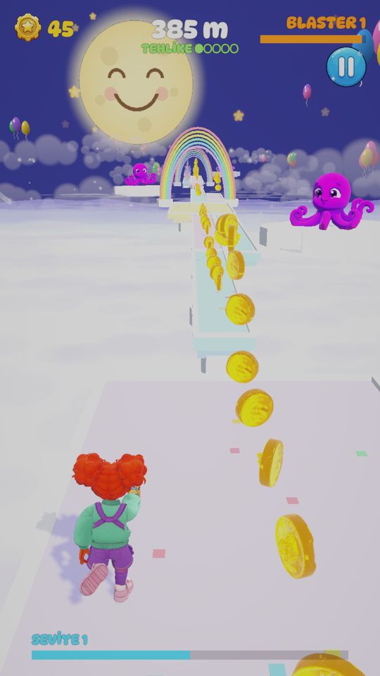 Octo Blast Run: bulutların üstünde gülen ay ve ahtapotlu gökyüzü parkuru